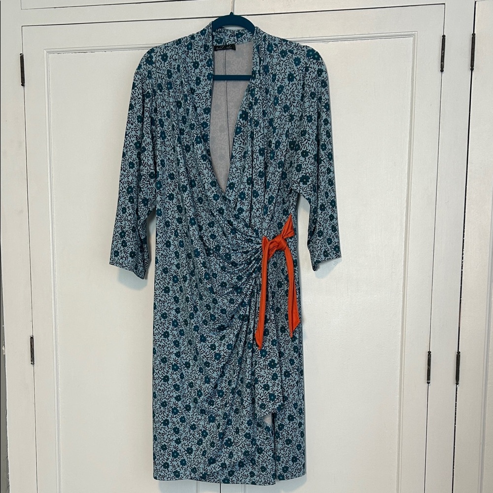 Isabel + Alice Floral Faux Wrap Dress with Orange Tie Accent